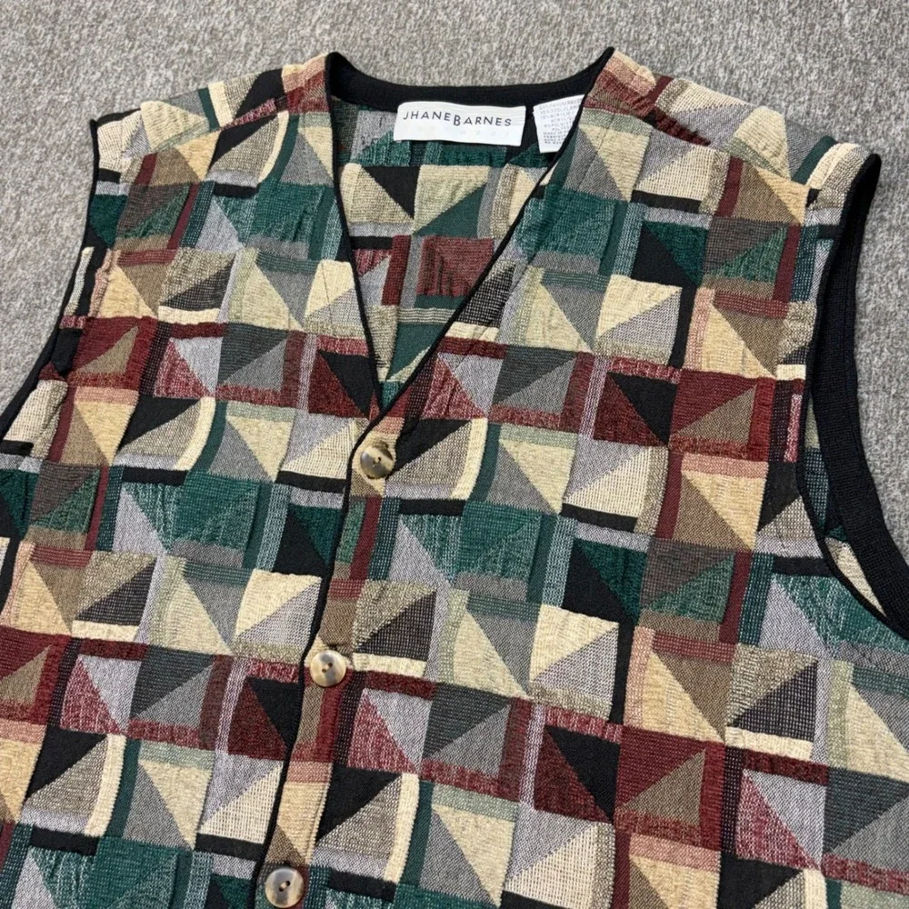 Vtg Jhane Barnes Mens Geometric Tapestry Sweater Vest Wool Blend Large